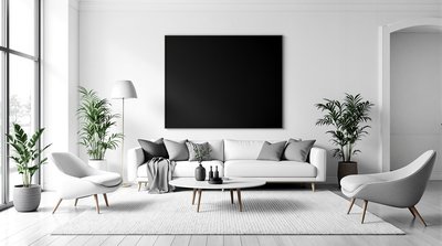 Helles monochromatisches Wohnzimmer mit weißem skandinavischem Möbel und schwarzer Wandkunst.