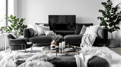 Gemütliches monochromes Wohnzimmer mit weißen Kunstfell-Texturen und schwarzen Möbeln