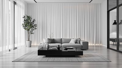 Minimalistisches monochromes Wohnzimmer mit schlankem schwarzem Couchtisch und weißen Vorhängen