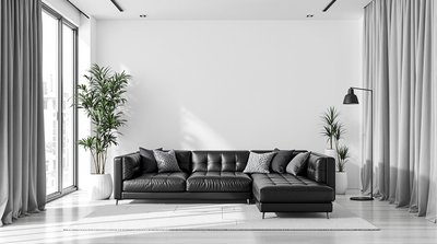 Modernes monochromes Wohnzimmer mit schwarzem Ledersofa und weißen Wänden