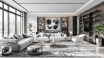 Geräumiges monochromatisches Wohnzimmer mit grauem Teppich und silbernen metallischen Akzenten