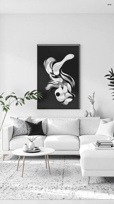 Helles monochromatisches Wohnzimmer mit weißem skandinavischem Möbel und schwarzer Wandkunst.