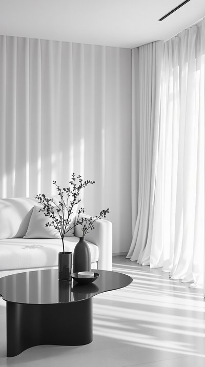 Minimalistisches monochromes Wohnzimmer mit schlankem schwarzem Couchtisch und weißen Vorhängen