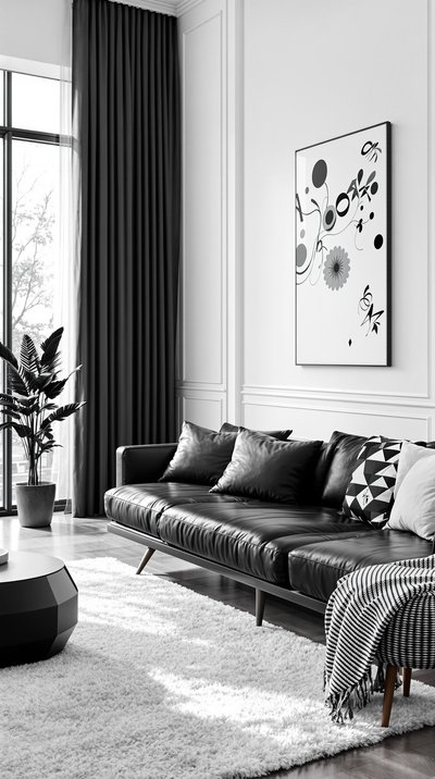 Modernes monochromes Wohnzimmer mit schwarzem Ledersofa und weißen Wänden