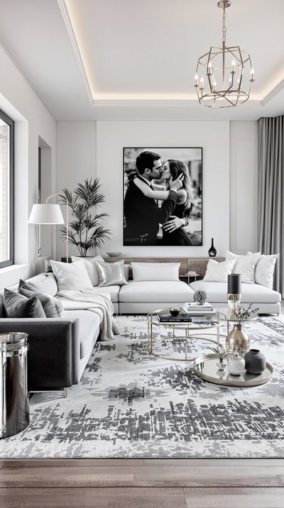 Geräumiges monochromatisches Wohnzimmer mit grauem Teppich und silbernen metallischen Akzenten