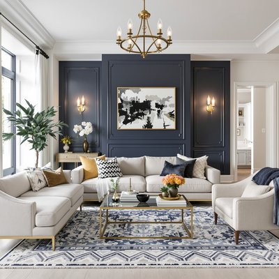 Elegantes Wohnzimmer mit einer dunkelblauen Akzentwand und goldenen Akzenten.