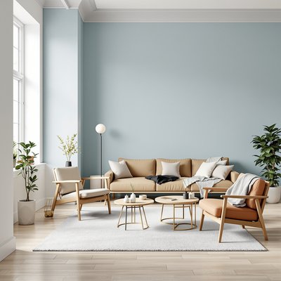Modernes skandinavisches Wohnzimmer mit pastellblauen Wänden und Holzmöbeln.
