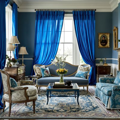 Vintage-inspiriertes Wohnzimmer mit königsblauen Vorhängen und antiken Möbeln.