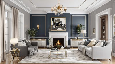 Elegantes Wohnzimmer mit einer dunkelblauen Akzentwand und goldenen Akzenten.