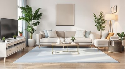 Minimalistisches Wohnzimmer mit hellblauem Teppich und neutral getönter Dekoration.