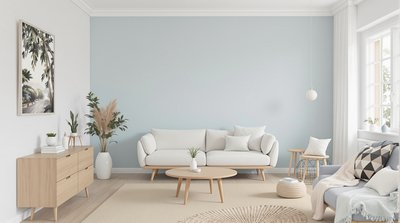 Modernes skandinavisches Wohnzimmer mit pastellblauen Wänden und Holzmöbeln.