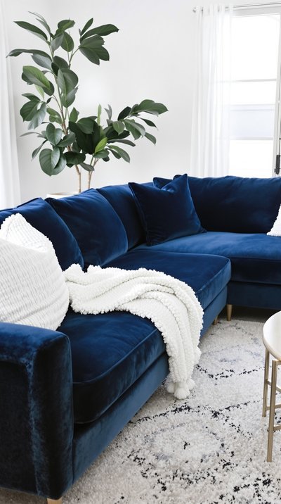 Gemütliches Wohnzimmer mit marineblauem Samtsofa und weißen Akzenten.