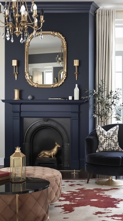 Elegantes Wohnzimmer mit einer dunkelblauen Akzentwand und goldenen Akzenten.