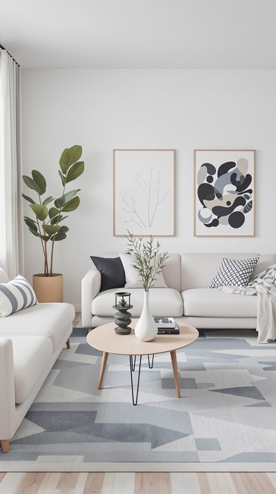 Minimalistisches Wohnzimmer mit hellblauem Teppich und neutral getönter Dekoration.