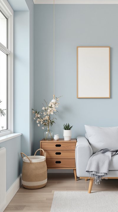 Modernes skandinavisches Wohnzimmer mit pastellblauen Wänden und Holzmöbeln.