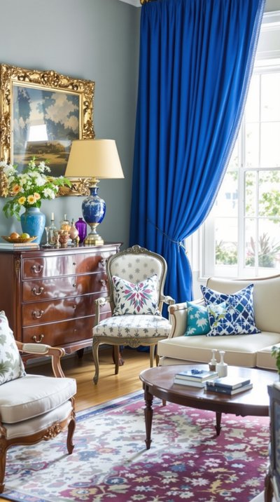 Vintage-inspiriertes Wohnzimmer mit königsblauen Vorhängen und antiken Möbeln.