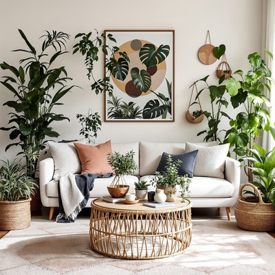 Bohemian-inspiriertes Wohnzimmer mit einem Rattan-Couchtisch und einer Vielzahl von üppigen Zimmerpflanzen