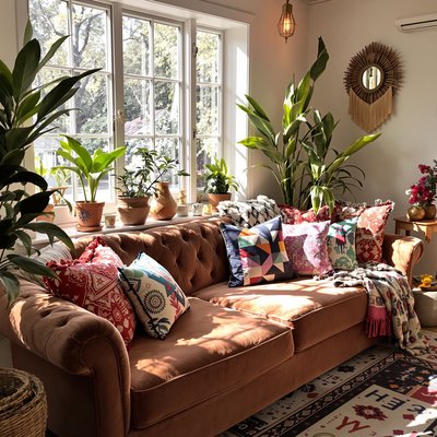 Gemütliches, sonnendurchflutetes Wohnzimmer mit Boho-Akzenten, einem plüschigen Samtsofa und bunten, gemusterten Kissen.