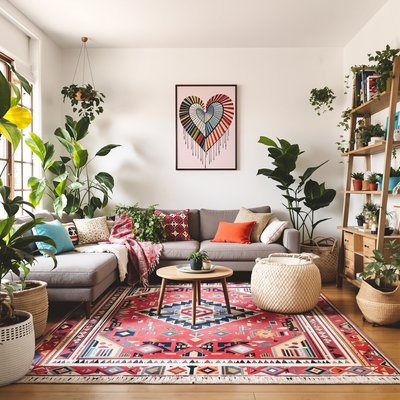 Gemütliches Wohnzimmer mit lebhaften Boho-Teppichen, Topfpflanzen und rustikalem Holzbücherregal