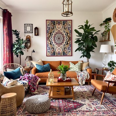 Eclectisches Wohnzimmer mit einer Mischung aus Boho-Textilien, Laternen und Möbeln aus der Mitte des Jahrhunderts