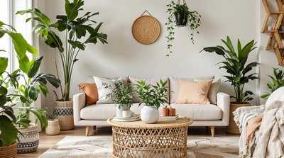 Bohemian-inspiriertes Wohnzimmer mit einem Rattan-Couchtisch und einer Vielzahl von üppigen Zimmerpflanzen