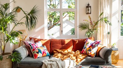 Gemütliches, sonnendurchflutetes Wohnzimmer mit Boho-Akzenten, einem plüschigen Samtsofa und bunten, gemusterten Kissen.