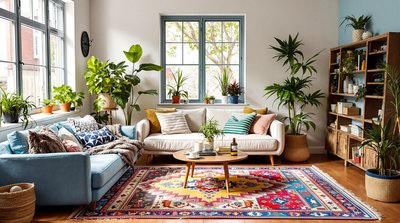 Gemütliches Wohnzimmer mit lebhaften Boho-Teppichen, Topfpflanzen und rustikalem Holzbücherregal