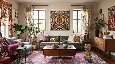 Eclectisches Wohnzimmer mit einer Mischung aus Boho-Textilien, Laternen und Möbeln aus der Mitte des Jahrhunderts