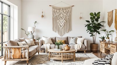 Geräumiges Wohnzimmer mit Wandbehängen im Boho-Stil und Möbeln aus gealtertem Holz