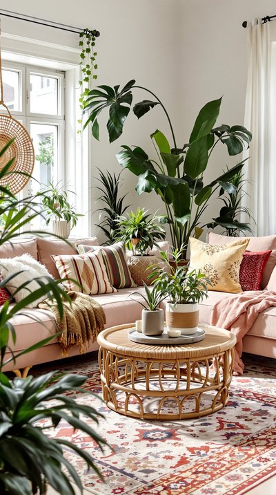Bohemian-inspiriertes Wohnzimmer mit einem Rattan-Couchtisch und einer Vielzahl von üppigen Zimmerpflanzen