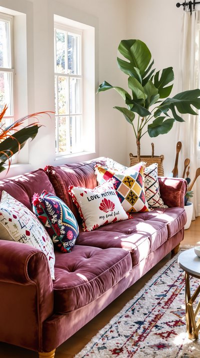 Gemütliches, sonnendurchflutetes Wohnzimmer mit Boho-Akzenten, einem plüschigen Samtsofa und bunten, gemusterten Kissen.