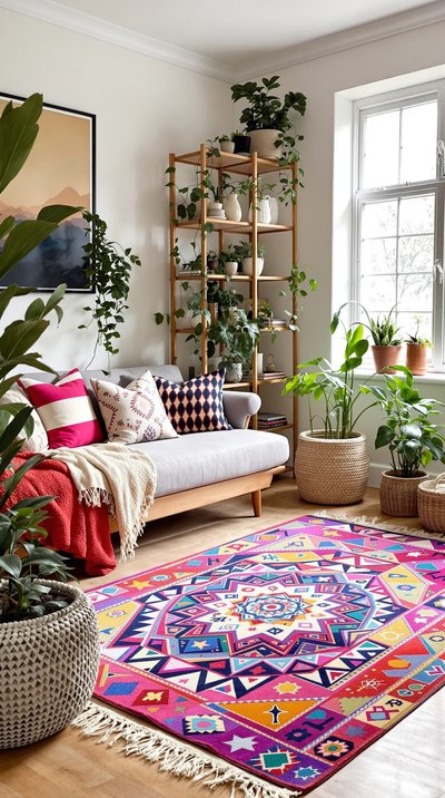 Gemütliches Wohnzimmer mit lebhaften Boho-Teppichen, Topfpflanzen und rustikalem Holzbücherregal