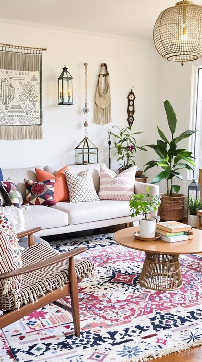 Eclectisches Wohnzimmer mit einer Mischung aus Boho-Textilien, Laternen und Möbeln aus der Mitte des Jahrhunderts