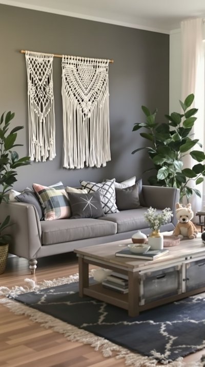 Geräumiges Wohnzimmer mit Wandbehängen im Boho-Stil und Möbeln aus gealtertem Holz