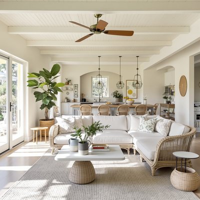 Helles offenes Wohnzimmer mit natürlichem Licht, Pastellfarben und Akzenten aus Rattan.