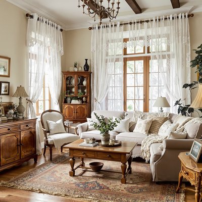 Landhausstil-Wohnzimmer mit weißen Spitzenvorhängen und Vintage-Eichenmöbeln.