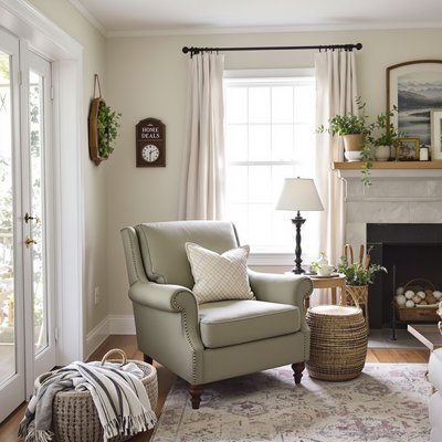 Gemütliches Landhaus-Wohnzimmer mit einem üppigen, salbeigrünen Sessel und Bauernhaus-Dekor.