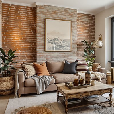 Warmes Wohnzimmer mit einer Akzentwand aus Ziegelstein, erdfarbenen Textilien und antikem Holz-Couchtisch.