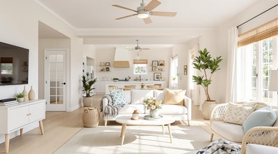 Helles offenes Wohnzimmer mit natürlichem Licht, Pastellfarben und Akzenten aus Rattan.