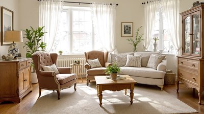 Landhausstil-Wohnzimmer mit weißen Spitzenvorhängen und Vintage-Eichenmöbeln.