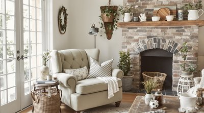 Gemütliches Landhaus-Wohnzimmer mit einem üppigen, salbeigrünen Sessel und Bauernhaus-Dekor.