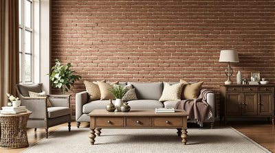 Warmes Wohnzimmer mit einer Akzentwand aus Ziegelstein, erdfarbenen Textilien und antikem Holz-Couchtisch.