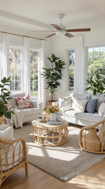 Helles offenes Wohnzimmer mit natürlichem Licht, Pastellfarben und Akzenten aus Rattan.