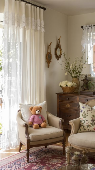 Landhausstil-Wohnzimmer mit weißen Spitzenvorhängen und Vintage-Eichenmöbeln.