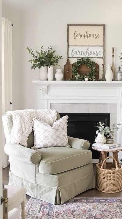 Gemütliches Landhaus-Wohnzimmer mit einem üppigen, salbeigrünen Sessel und Bauernhaus-Dekor.