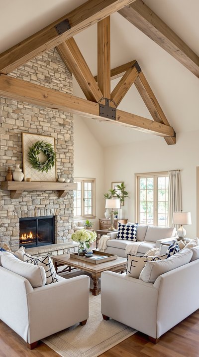 Rustikales Wohnzimmer mit Holzbalken, Steinkamin und gemütlichen Sofas.