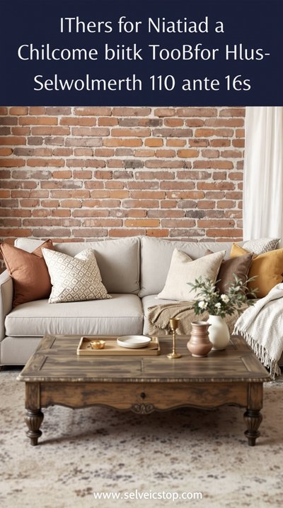 Warmes Wohnzimmer mit einer Akzentwand aus Ziegelstein, erdfarbenen Textilien und antikem Holz-Couchtisch.